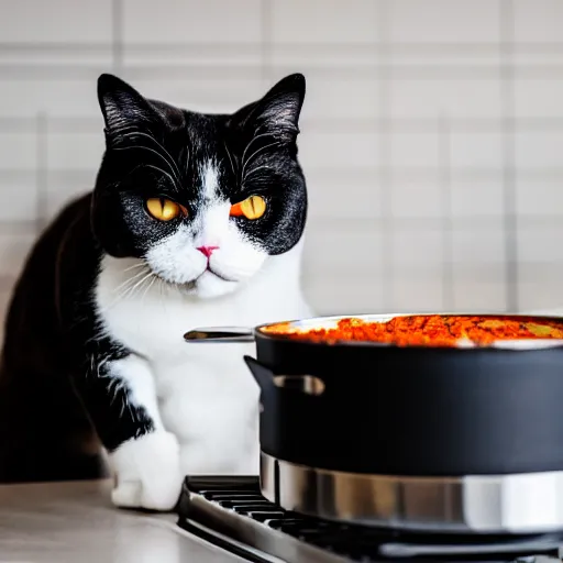 Image similar to photo of black and white exotic shorthair cat cooking a pot of chili in a modern kitchen