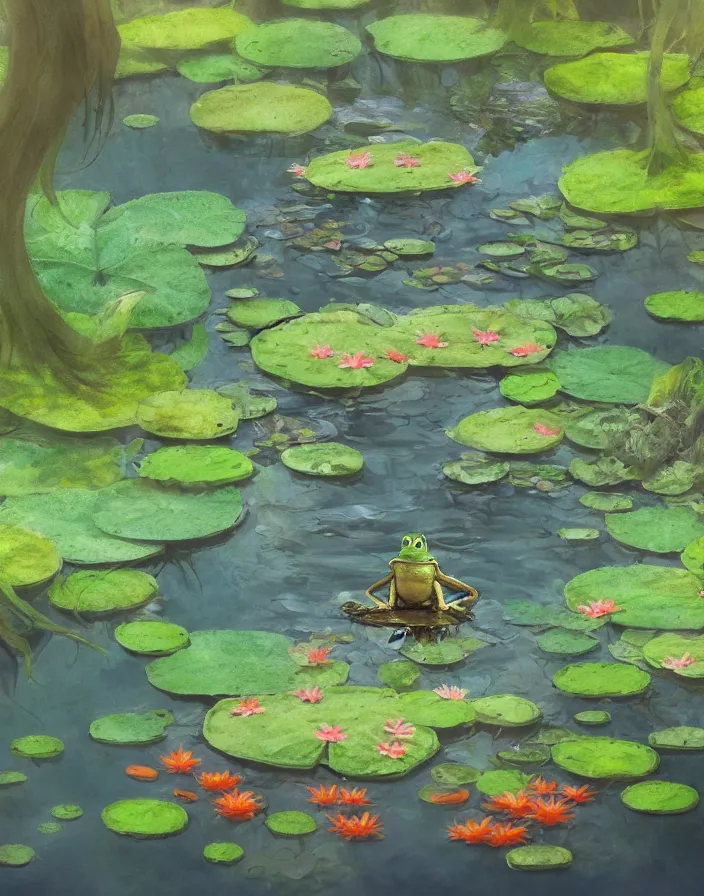 Image similar to frog on a lilypad in a koi fish pond in the forest, environment concept art, daytime ethereal anime, high detail Impressionist style, dreamy light color palette, style of studio ghibli and moebius, concept art stunning atmosphere, trending on artstation, volumetric light