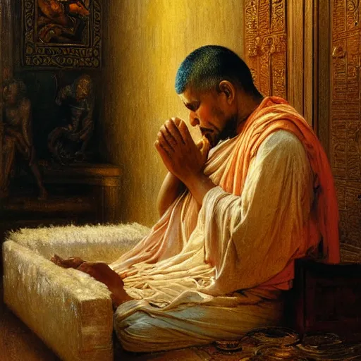 Image similar to highly detailed potrait of blind folded with cloth srilankan cunning buddhist monk praying in baroque style, painting by gaston bussiere, craig mullins, j. c. leyendecker, lights, art by ernst haeckel, john william godward, hammershøi,