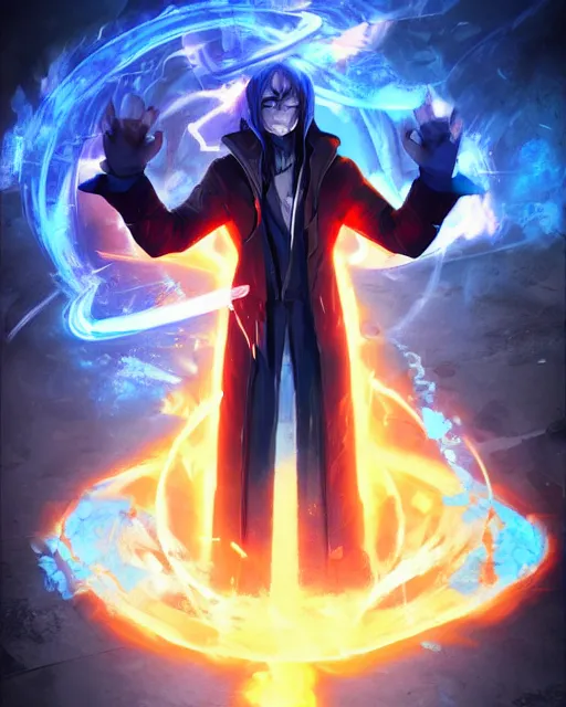 Image similar to an angry mysterious mage dressed in modern clothes controlling blue flames with his hands, fit on frame, golden ratio, WLOP style, character art, fighting pose, mixed media, digital art, trending on artstation, 8k, epic composition, highly detailed, sharp focus