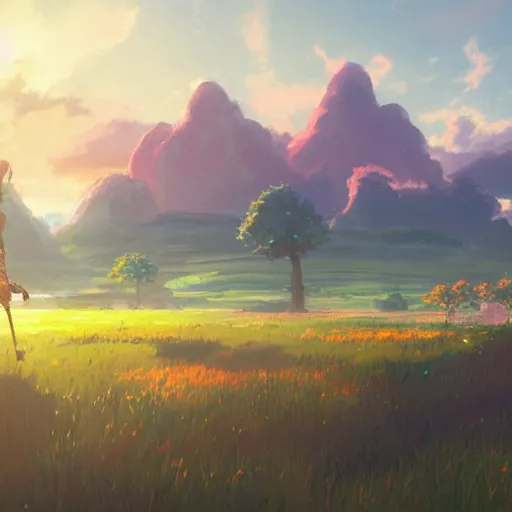 Prompt: pastel landscape of an anime field. clean sharp digital art, environment concept art, by rossdraws, ghibli, breath of the wild, greg rutkowski