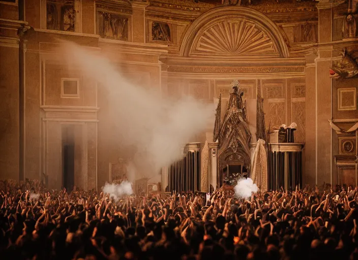 Image similar to a high resolution photograph of sunn o ) ) ) playing live at the vatican with monk robes, smoke machines, huge walls of amplifiers, many amplifiers stacked high, ornate