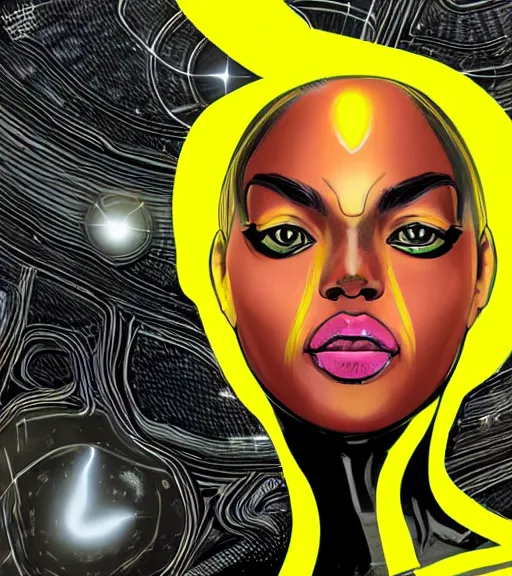 Image similar to a digital painting of a black female android with futuristic hair and yellow make-up, a comic book panel by Craig Thompson, behance contest winner, afrofuturism, marvel comics, official art, artstation hq