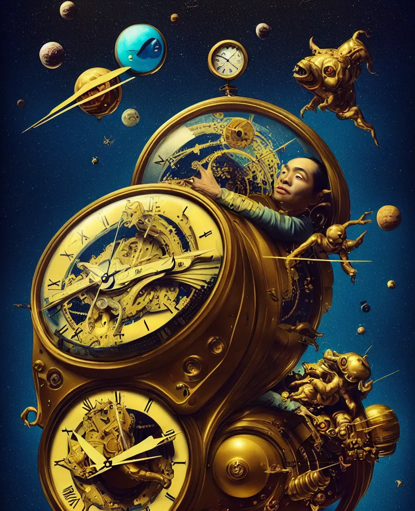 Image similar to duotone surreal illustration 3 / 4 portrait of chimeric monster measuring time on salvadore dali clock in outer space, dark starry background. golden ratio accidental renaissance. by sachin teng and sergey kolesov and ruan jia and heng z. graffiti art, scifi, fantasy, hyper detailed. octane render. concept art. trending on artstation