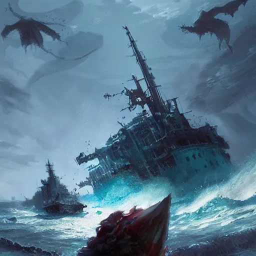 Prompt: Cthulhu rising from the ocean destroying ships by greg rutkowski, digital art, trending on artstation