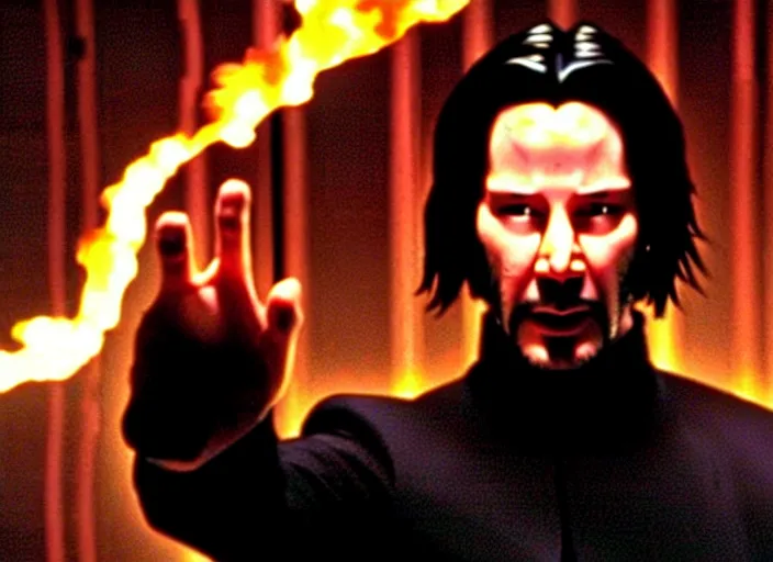 Image similar to A photo of Keanu Reeves as Neo in The Matrix movie doing a thumb up to the camera in front on burning servers, servers in flames in the background, doing a thumb up, The Matrix servers on fire, uncropped, full body, crispy, ultra detailed, cinematic