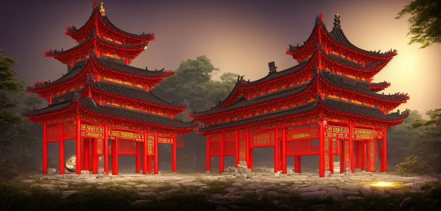 Image similar to a traditional chinese building in the forest at night, big round glowing multicoloured portal house, central symmetrical composition, incredible, vector art, octane render, fabulous, hyper detailed, random cinematic view, no noise, global illumination, warm lighting, volumetric, godrays, vivid, beautiful, by jordan grimmer