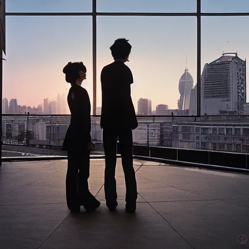 Image similar to a small rooftop with a couple of modern teenagers, standing and talking to each other, wearing black modern clothes, modern shanghai bund is on the background, sunset, by gregory crewdson, by hajime sorayama