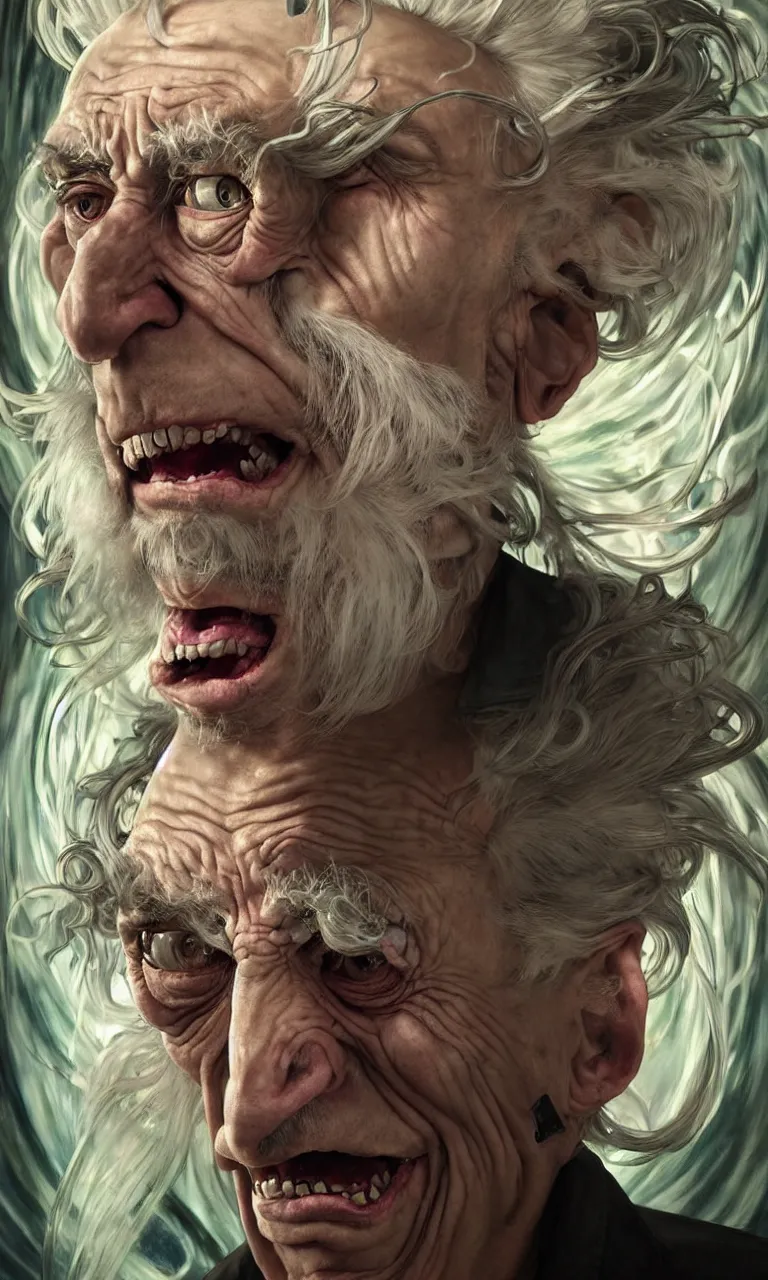 Image similar to hyper realistic grotesque portrait of an old drunk rick sanchez, from rick and morty, white hair, interdimentional portal in the background by lee bermejo, alphonse mucha and greg rutkowski