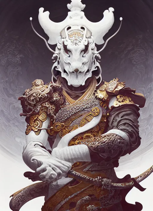 Image similar to subsurface scattering, white, koi, samurai deity with koi armor, art nouveau swirls, cinematic lighting, octane render, by jesper ejsing, james jean, justin gerard, tomasz alen kopera, cgsociety and fenghua zhong, highly detailed, rim light, art, very coherent, cinematic, hyper realism, high detail, 8 k