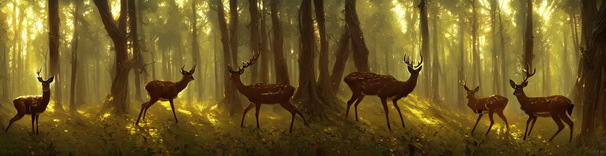 Image similar to Deer in Sherwood Forest, highly detailed, digital painting, artstation, concept art, smooth, sharp focus, illustration, art greg rutkowski and alphonse mucha