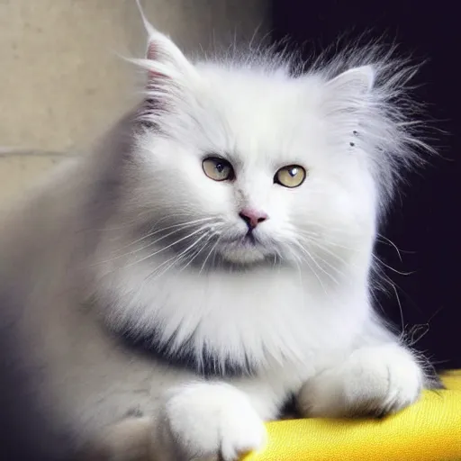 Prompt: Fluffy long fur white and grey cat, yellow eyes, cute, 4K