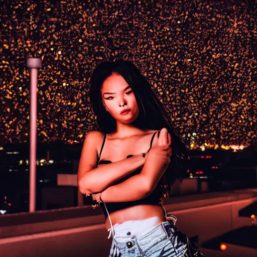 Image similar to photographic portrait of a streetwear woman, closeup, on the rooftop of a futuristic city overlooking a desert oasis at night, fireworks light up the night sky, sigma 85mm f/1.4, 4k, depth of field, high resolution, 4k, 8k, hd, full color