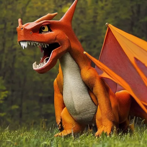 Image similar to realistic national geographic professional photo of charizard in the wild, award winning