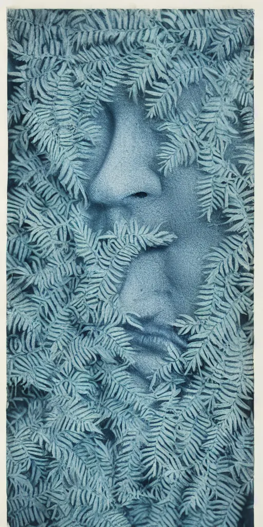 Image similar to a human face made of ferns, Cyanotype by Anna Atkins, seaweed, Algae, white on a blue background, Photography, botanical