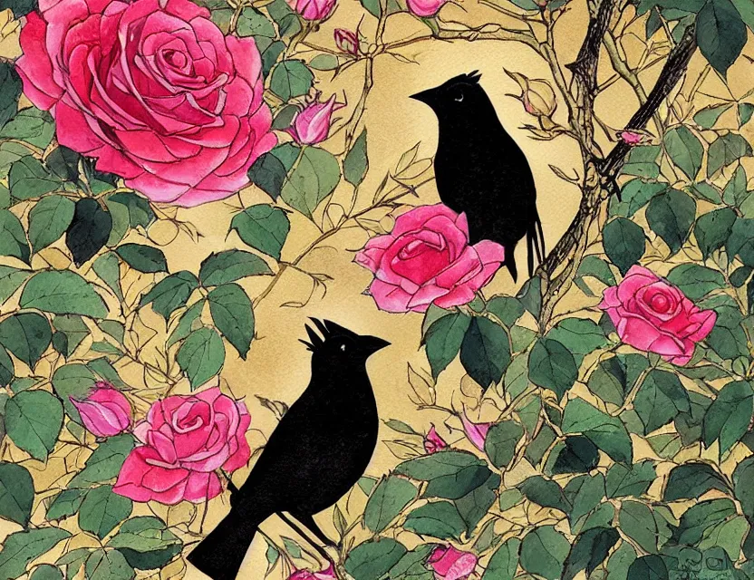 Prompt: faerie blackbird in a rose garden of the palace. this watercolor and gold leaf work by the award - winning mangaka has a beautiful composition and intricate details.