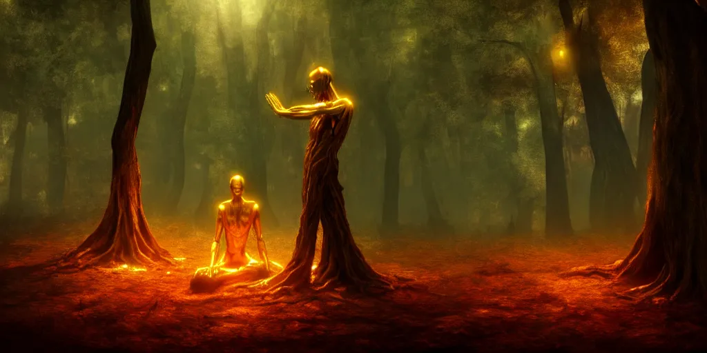 Image similar to a humanoid nightmare prays to a golden tree in a forest of ashes. fantasy art, horror, photo realistic, dynamic lighting, artstation, poster, volumetric lighting, very detailed faces, 4 k, award winning