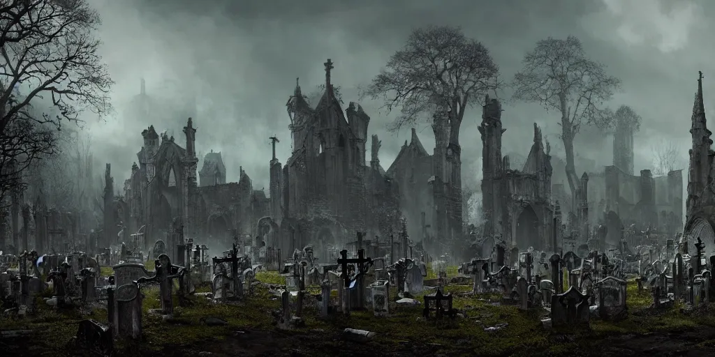 Prompt: A fancy landscape of a Medieval Graveyard by Greg Rutkowski, Sung Choi, Mitchell Mohrhauser, Maciej Kuciara, Johnson Ting, Maxim Verehin, Peter Konig, Bloodborne, 8k photorealistic, cinematic lighting, HD, high details, dramatic, dark atmosphere, trending on artstation