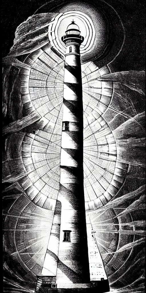 Image similar to an epic lighthouse radiates a unique canto'as above so below'while being ignited by the spirit of haeckel and robert fludd, breakthrough is iminent, glory be to the magic within, in honor of saturn, painted by ronny khalil