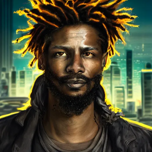 Image similar to cyberpunk, closeup portrait of a shaggy cyberpunk rastafarian, tired, stubble beard, washed up, dramatic light, city background, sunset, dystopian setting, high contrast, sharp, neuromancer, henry dorsett case, painted by stanley lau, painted by greg rutkowski, painted by stanley artgerm, digital art, trending on artstation