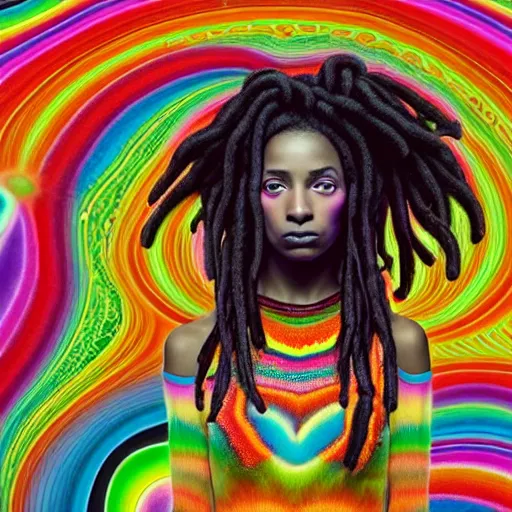 Prompt: a wide angle shot of a black girl with colorful dreadlocks in a field of candy, by Adi granov and afarin sajedi and amanda sage and evgeni gordiets and Agostino Arrivabene and adonna khare in a psychedelic portrait style, ultrarealistic matte painting, volumetric lighting, fractal, extremely symmetrical, highly detailed face, orisha, 8k, hd