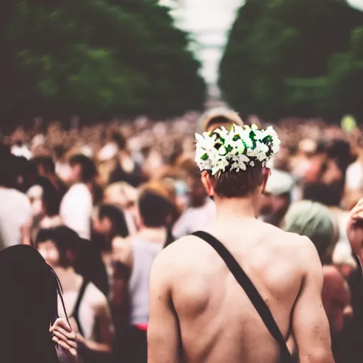 Prompt: kodak portra 4 0 0 photograph of a skinny blonde guy standing in crowd of black and white people, back view, flower crown, moody lighting, telephoto, 9 0 s vibe, blurry background, vaporwave colors, faded!,