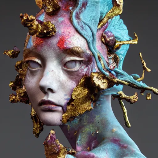 Image similar to Cinestill of A heartbreaking realistic 8k Bernini Sculpture of a stunning intricate cracked multicolored milky cosmic marble Evangelion Fallen Angel Devil Queen. sentient mycelium and misty xparticles. by Yoshitaka Amano, Daytoner, Greg Tocchini,. . Scattered golden flakes, Hyperrealism. Subsurface scattering. Octane Render. Weirdcore