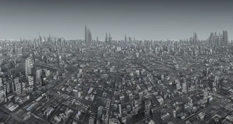 Prompt: view on future brutalistic megapolis in the horizon, in style of brutalism, detailed, sharp, 8 k