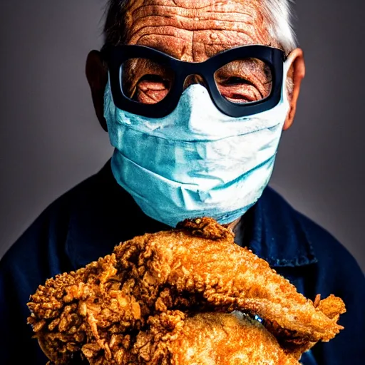 Image similar to an elderly man wearing a mask made from fried chicken, bold natural colors, national geographic photography, masterpiece, 8 k, raw, unedited, symmetrical balance