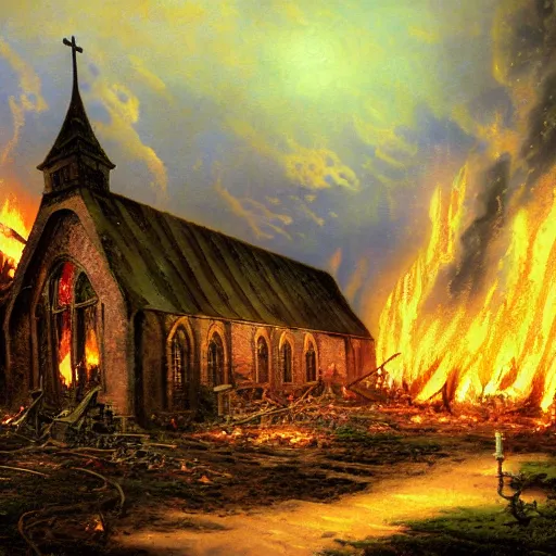 Prompt: A painting of a burning apocalyptic country church in ruins surrounded by demons from hell by Thomas Kinkade