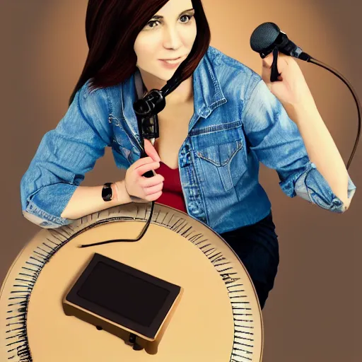 Image similar to realistic portrait of a woman with brown hair, jeans, headset, synthesizer, computer, steampunk, vivid colors