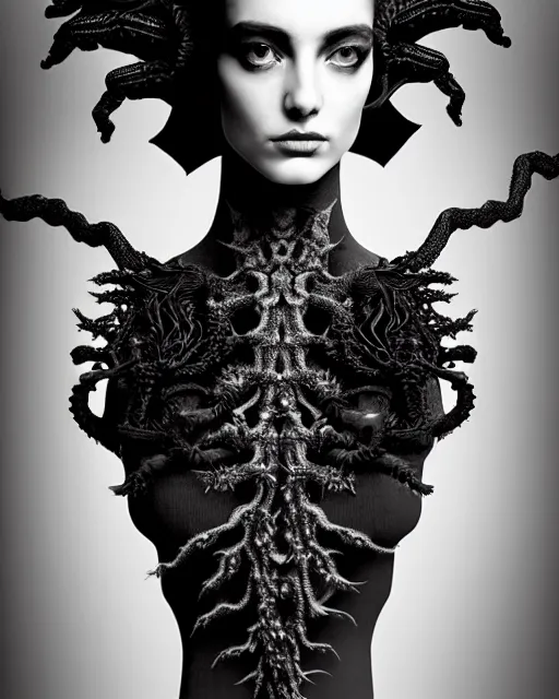 Image similar to dark background, a black and white high quality dreamy photo of a young beautiful female queen-dragon-vegetal-cyborg bust with a very long neck and delicate Mandelbrot fractal face, elegant, highly detailed, flesh highly baroque ornate, hair are curled wired cables, elegant, poetic, soft, dreamy, mysterious, high fashion, rim light, in the style of Ellen von Unwerth, Realistic, Refined, Digital Art, Highly Detailed, Cinematic Lighting, rim light, black and white, photo-realistic, 8K