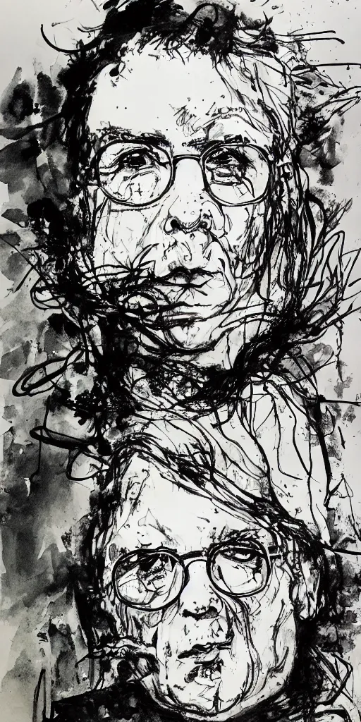 Prompt: a loose wild messy ink sketch portrait of a self portrait in the style of ralph steadman, caricature, dramatic