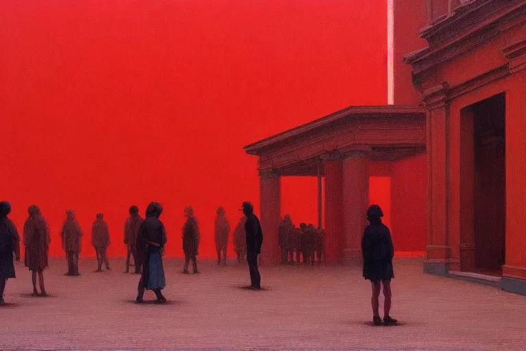 Prompt: only with red, crowd cheering a lot, an exposed picture in a city square, in the style of beksinski, parts by edward hopper, parts by rodcenko, parts by yue minjun, intricate and epic composition, red by caravaggio, insanely quality, highly detailed, masterpiece, red light, artstation, 4 k