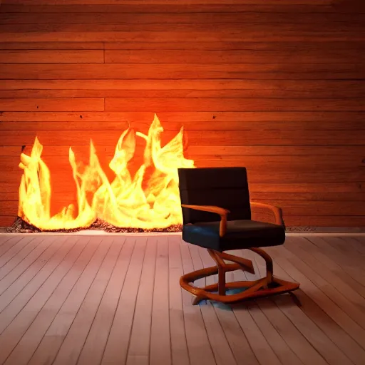 Image similar to wide-angle photo of fluffy caracal sitting on a wooden chair in a room, flames of fire at background, octane render, 3d, 8k, hd, studio light