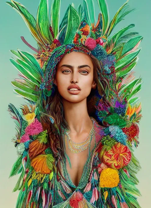 Image similar to beautiful portrait of Irina Shayk wearing fantastic Hand-dyed cotton dress,embellished beaded feather decorative fringe knots ,colorful pigtail,subtropical flowers and plants,symmetrical face,mediterranean,intricate,elegant,highly detailed,8k,post-processing,digital painting,trending on pinterest,harper's bazaar,concept art, sharp focus, illustration, by artgerm,Tom Bagshaw,Lawrence Alma-Tadema,greg rutkowski,alphonse Mucha