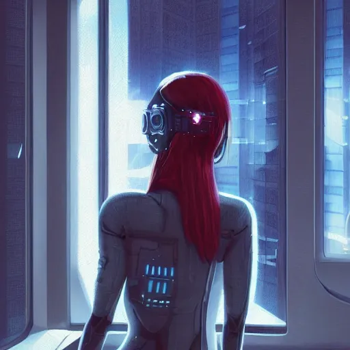 Prompt: portrait of cyberpunk woman looking out of a window, cyberpunk setting, futuristic, highly detailed, intricate lighting, digital painting, sharp focus, illustration, trending on artstation, art by pixar animation.