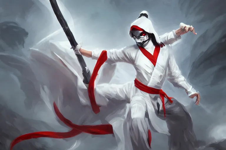 Image similar to a ninja dressed in tapered white satin clothes, the ninja is wielding spirit papers, dynamic, combat pose, digital painting, WLOP, trending on artstation, 8k, epic composition, highly detailed, sharp focus