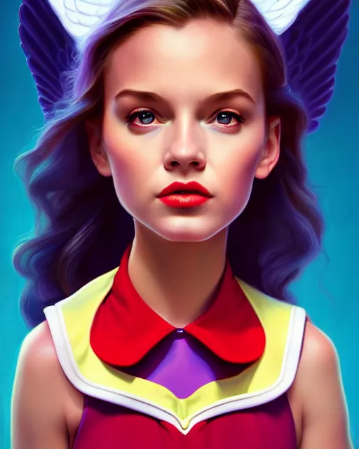 Image similar to 3 / 4 longshot of portrait of powerful cute disney girl with wings, digital painting, artstation, concept art, smooth, sharp focus, illustration, disney, symmetry face, fine details. art by alex ross, brittney lee