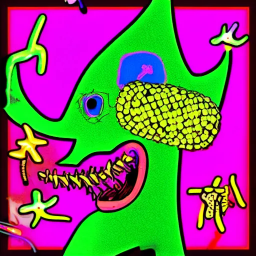 Image similar to surreal neon comic bright colored horror artwork made in Kid Pix