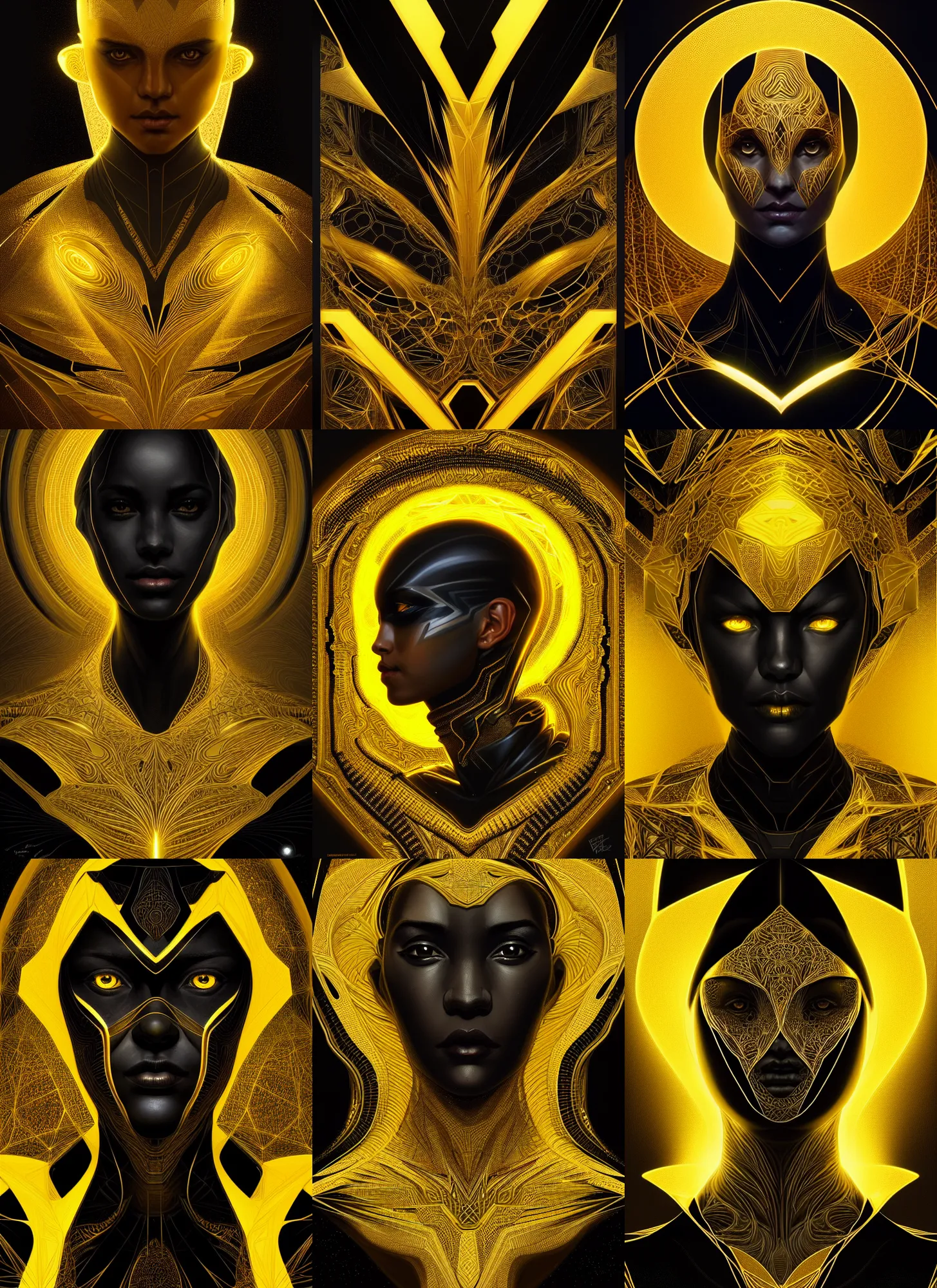 Prompt: symmetry!! black and gold portrait of a tireless explorer of latent space, wlop, fractal, intricate, highly detailed, dynamic lighting, digital art, digital painting, artstation, sharp focus, illustration, art by artgerm and greg rutkowski and moebius, 8 k