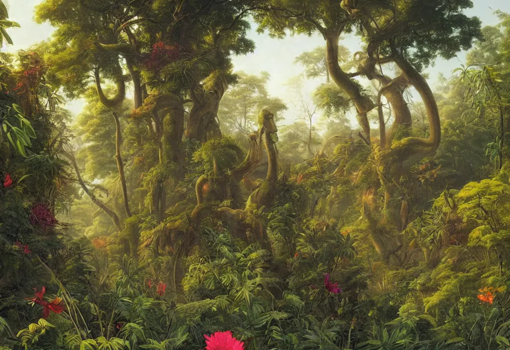 Prompt: a detailed botanical landscape painting during the time of the dinosaurs in the forest jungle, painting by martin johnson heade and simon stalenhag, colorful wild flowers, brontosaurus head emerging from the top of the trees, rainforest weather