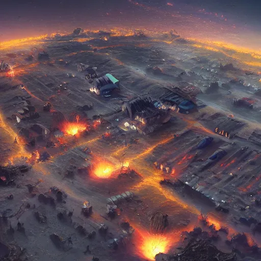 Image similar to A prospering village on a meteor crash site, concept art, detailed, 4K, artstation, aerial view, film grain