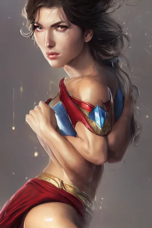 Image similar to three quarters portrait pose of a beautiful woman, strong body,super heroine costume,super powers, fantasy, intricate, elegant, highly detailed, digital painting, artstation, concept art,shining, sharp focus, illustration, art by Stanley Lau