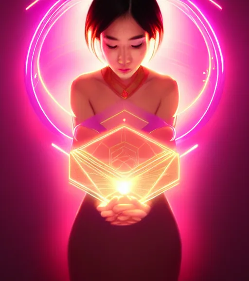 Image similar to symmetry!! asian princess girl of technology, solid cube of light, hard edges, product render retro - futuristic poster scifi, lasers and neon circuits, beautiful asian princess girl, intricate, elegant, highly detailed, digital painting, artstation, concept art, smooth, sharp focus, illustration, dreamlike, art by artgerm