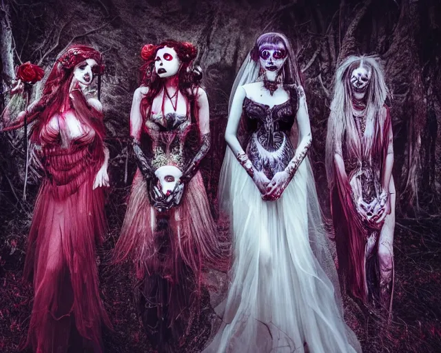 Image similar to three stunning otherworldly gothic goddesses of beauty wearing psychedelic wicca and skulls, in wedding dresses, red neon roses, full body, dark and mysterious, atmospheric, ominous, eerie, cinematic light, epic, 8 k 3 d, ultra detail, ultra realistic, by giger, by wlop