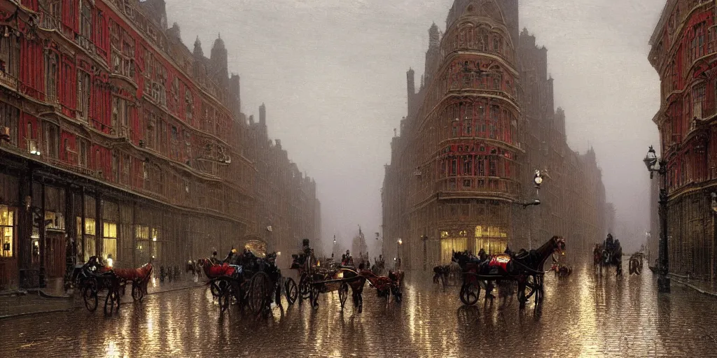 Image similar to Horse carriages on a Victorian city street on a rainy day in London, evening, low angle view, detailed matte painting, cinematic, John Atkinson Grimshaw, Artstation