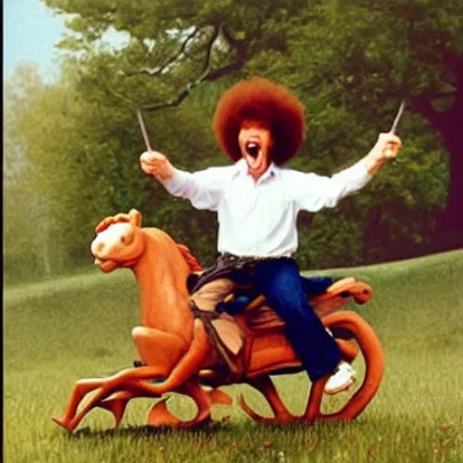 Image similar to bob ross screaming while riding on a rocking horse