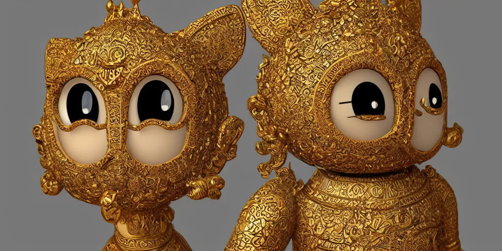 Image similar to ancient javanese hello kitty hybrid with compound eyes portrait photograph, in the style of ancient javanese, insanely detailed and intricate, golden ratio, realistic 3D, hyper-realistic, super detailed, realistic octane render, 8K, fashion photography, hard light