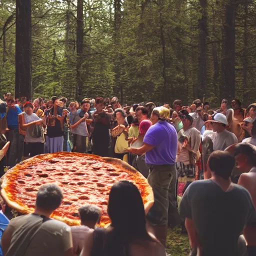 Image similar to a crowd of diverse people worshipping a slice of pizza on an altar during a solar eclipse in a clearing of a forest, 35mm